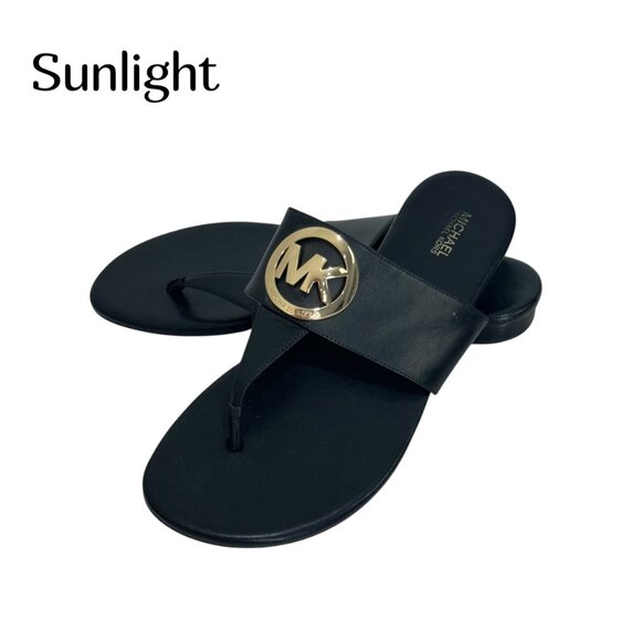 Michael Kors Women Black Leather Thong Sandals W/ Gold Logo Size 9.5M - Picture 1 of 11